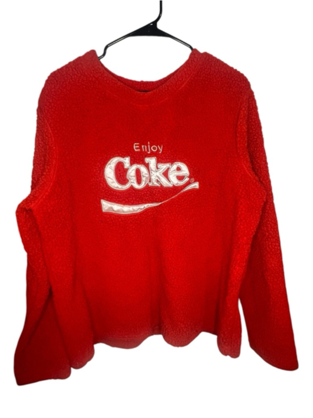 Coca Cola Red Fuzzy Sherpa Pullover Enjoy Coke Logo Fleece Crewneck Sweatshirt